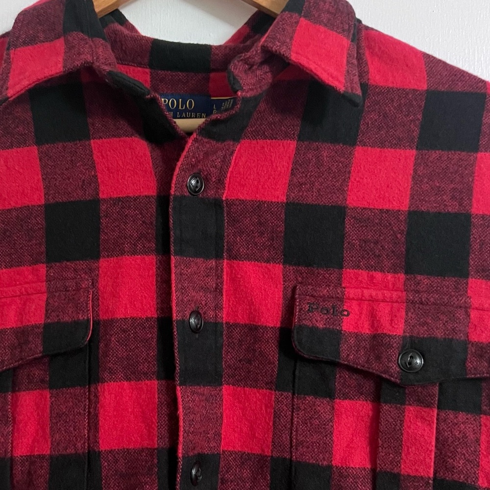 POLO Ralph Lauren Women’s Country Black & Red Check Flannel Fringe - Size L - Picture 3 of 11